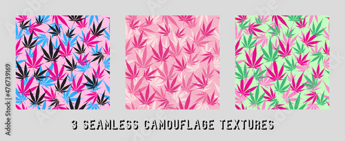 Trendy pink camouflage military pattern cannabis leaf. Vector camouflage pattern for clothing design.