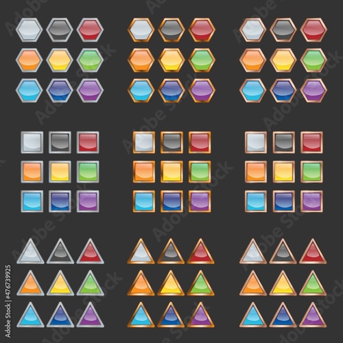 Set of bright blank buttons. Metalic frames for skills or elements of user interface for mobile games