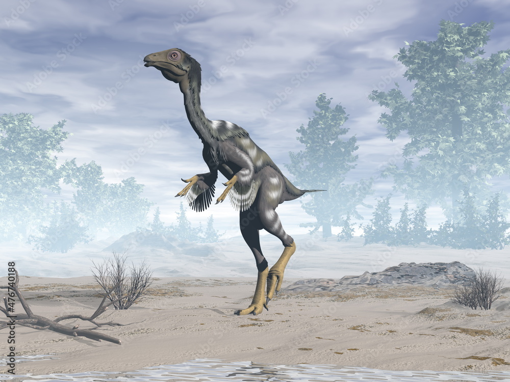 Fototapeta premium Caudipteryx dinosaur in the desert - 3D render