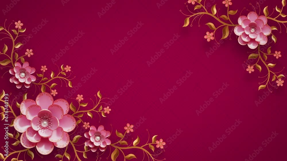 Happy Chinese New Year dynamic corner frame background. Paper cut craft style Asian art. Pink flowers with peals in centre, golden branches. Traditional Spring festival Lunar year decoration 3D Render Happy Chinese New Year dynamic corner frame background. Paper cut craft style Asian art. Pink flowers with peals in centre, golden branches. Traditional Spring festival Lunar year decoration 3D Render