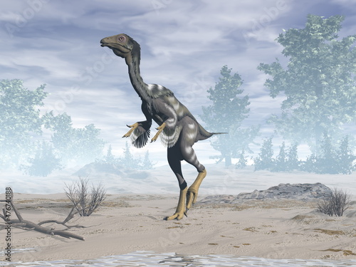 Caudipteryx dinosaur in the desert - 3D render