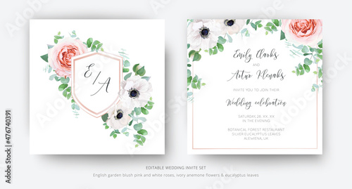 Vector, editable, elegant wedding invite, floral invitation, save the date card template design. Watercolor pink garden rose flowers, ivory anemone, eucalyptus branches, greenery, leaves bouquet frame