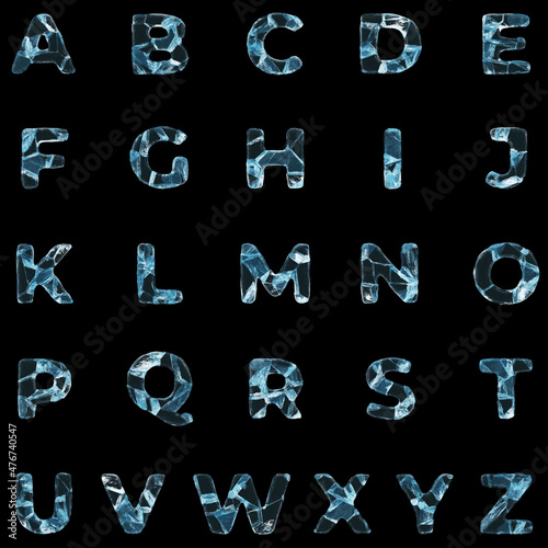 Ice letters alphabet on black background