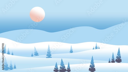 Panoramic winter landscape with waves. Pink sun, white clouds and pastel blue sky. Snowy mountains and hills. Fir trees. Gradient background. Nature and ecology. For social media, post cards, posters