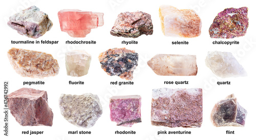set of various unpolished pink rocks with names photo