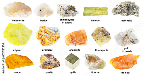 set of various unpolished yellow stones with names photo