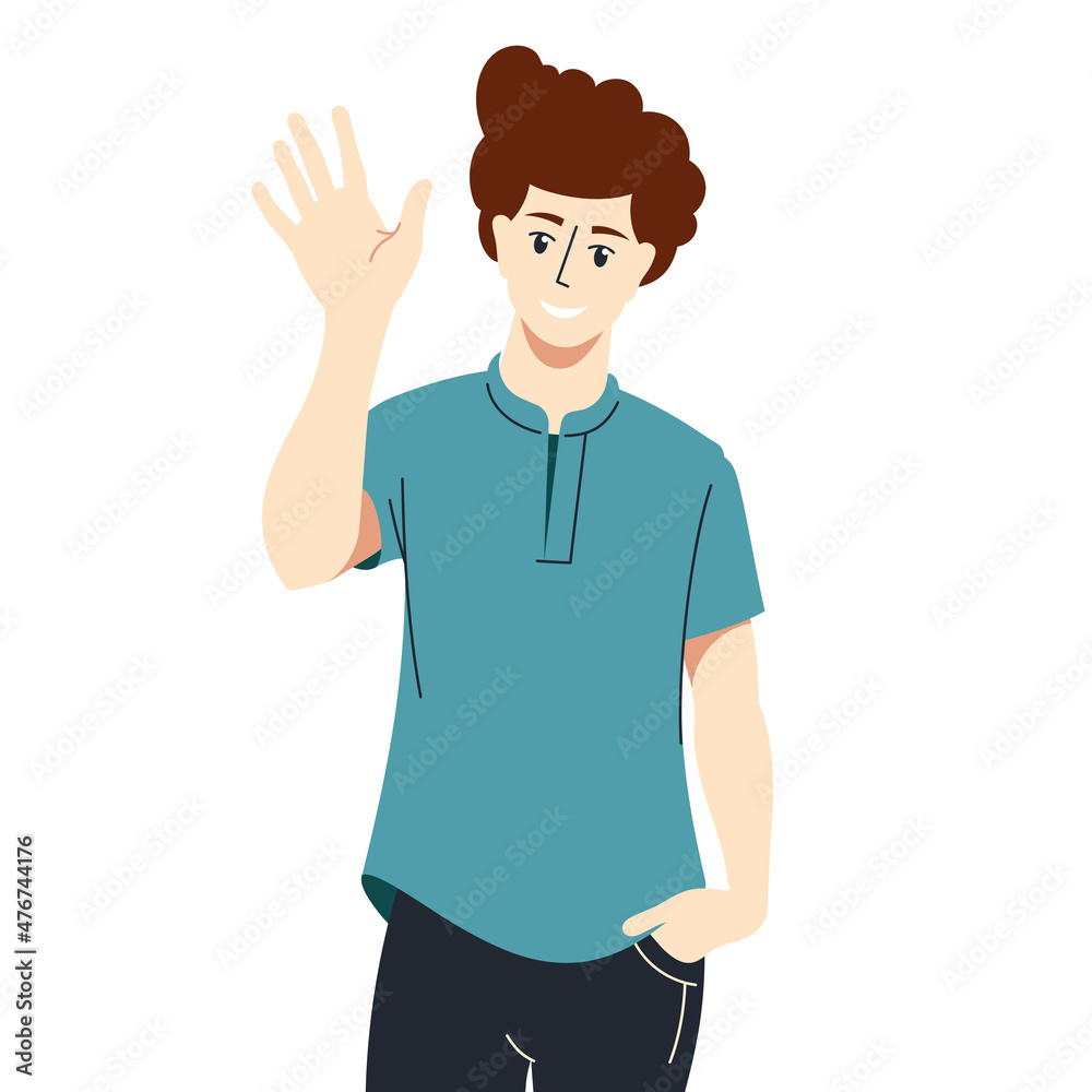 The man waves his hand, greets. Welcome gesture. Vector image. The man waves his hand, greets. Welcome gesture. Vector image.