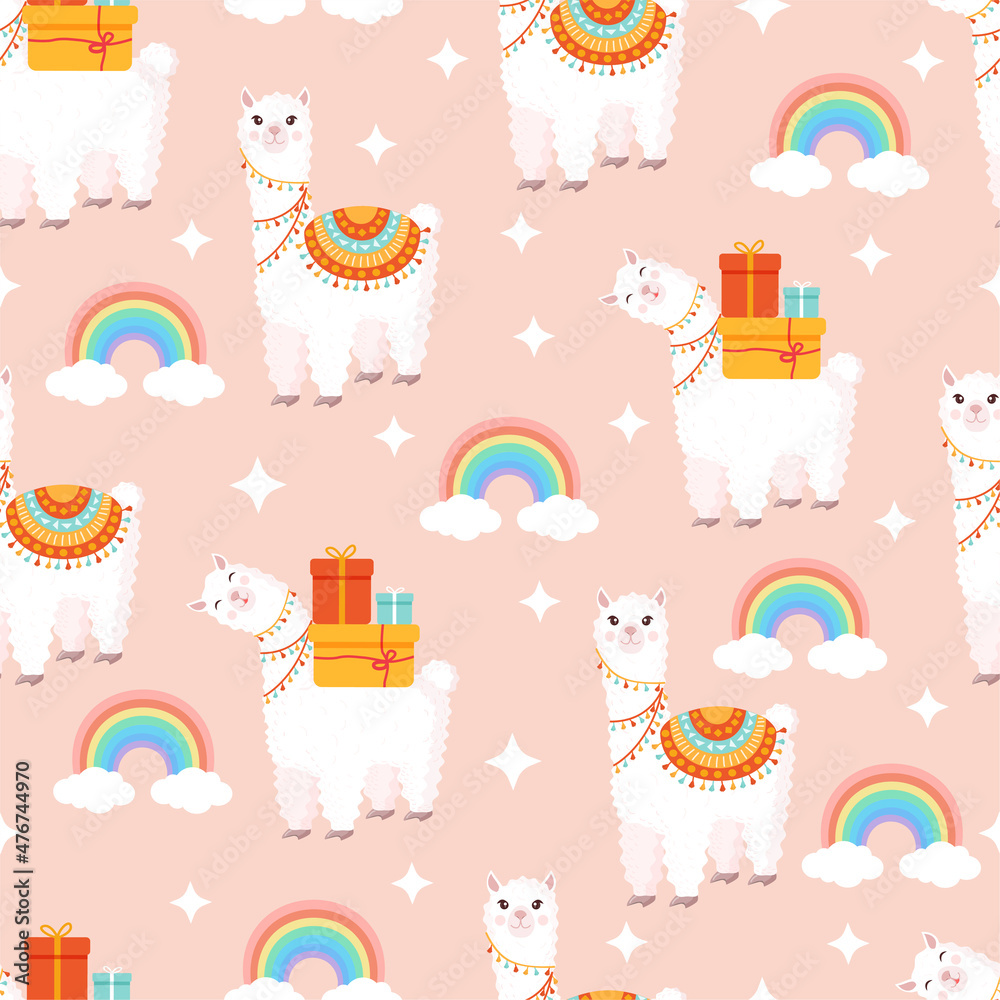 Fototapeta premium Seamless pattern with funny llamas with gifts, rainbow, clouds and stars on a pink background. Vector illustration for baby texture, fabric, poster, greeting card, decor. Cute alpaca from Peru.