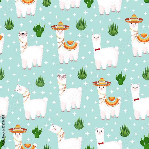 Seamless pattern with funny llamas in sombrero and glasses, with stars, scarlet with cacti on a blue background. Vector illustration for baby texture, fabric, poster, postcard. Alpaca from Peru.