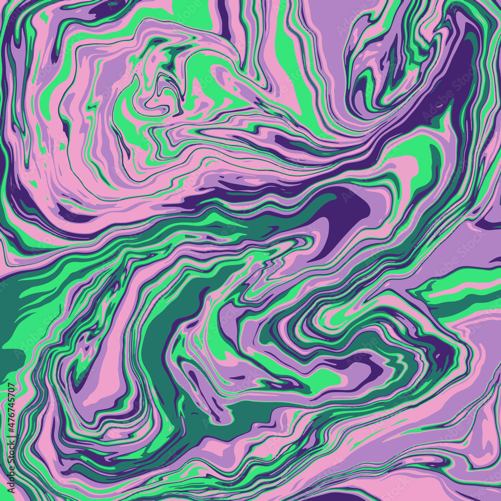 Fluid art texture. Abstract background with swirling paint effect. Liquid acrylic picture that flows and splashes. Mixed paints for interior poster. Green, orange and purple overflowing colors