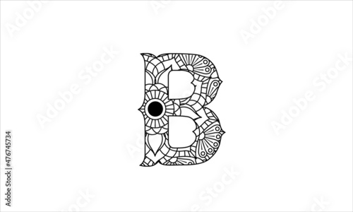 Mandala alphabet letter coloring book for adults vector illustration. Vintage decorative elements. Black and white lines.