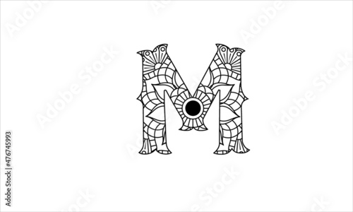 Mandala alphabet letter coloring book for adults vector illustration.
Vintage decorative elements. Black and white lines.