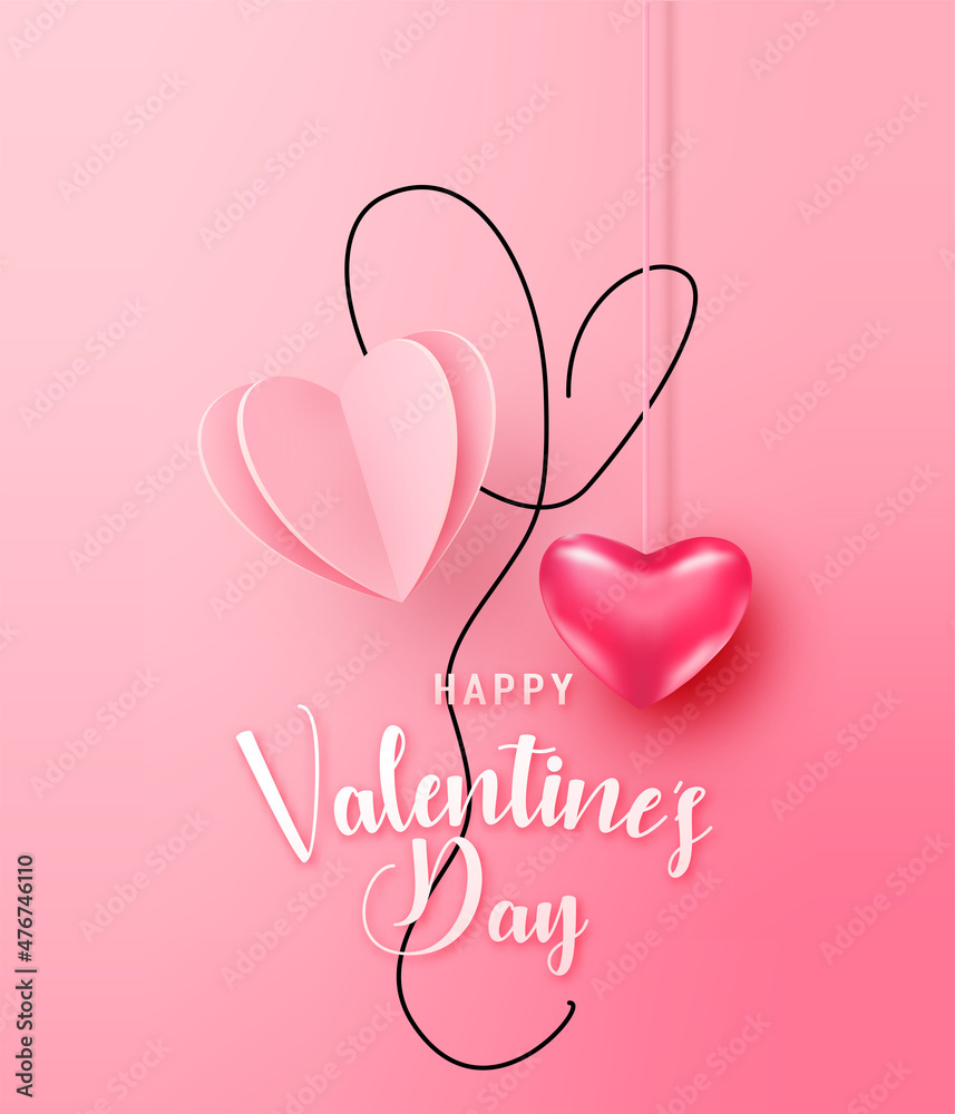 Happy valentines day greeting background in papercut realistic style with flying realistic heart on string and continuous line balloon. Greeting congratulation calligraphy words text sign