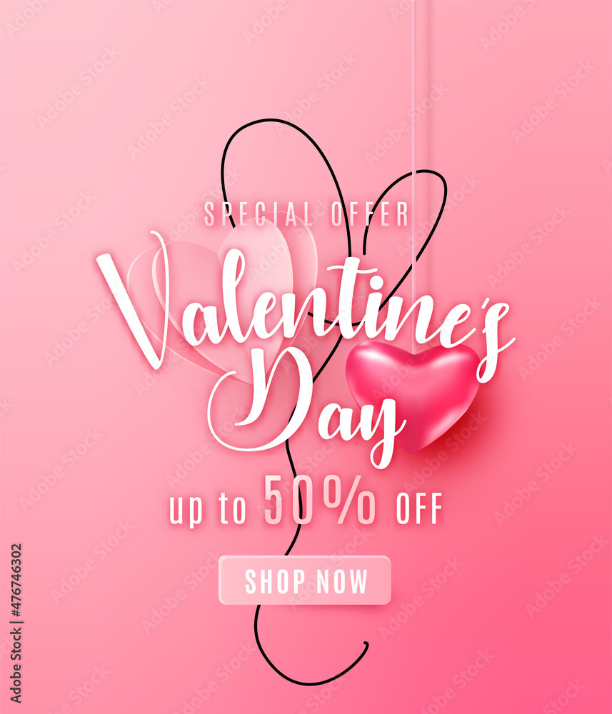 Happy valentines day greeting background in papercut realistic style. Flying realistic heart on string. Continuous line balloon. Pink banner offer sale. Calligraphy words text sign on the center