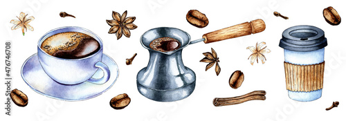 Watercolor painting set of coffee in a white cup with foam, a turk and a glass to take away. Black coffee or cappuccino. Hot drink for breakfast. Refreshing drink. Isolated over white background. 