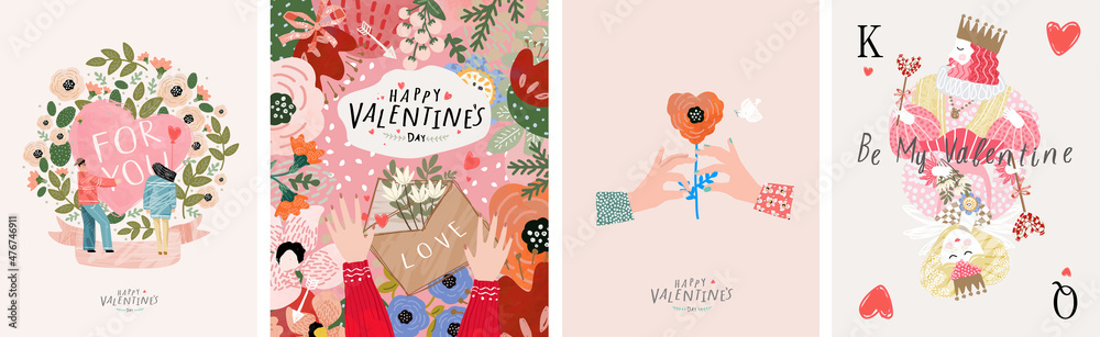 Valentine's day, February 14. Vector illustrations of love, couple, heart, valentine, king, queen, hands, flowers. Drawings for postcard, card, congratulations and poster. - obrazy, fototapety, plakaty 