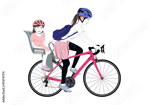 自転車に乗る母親と娘イラスト