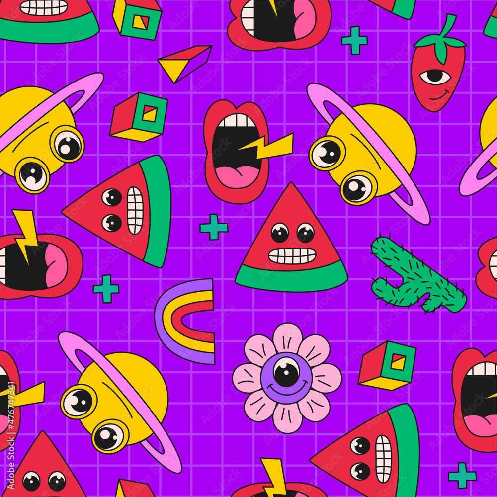 Trendy colorful cartoon elements seamless pattern