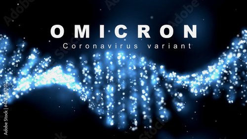 Effective text Omicron Coronavirus variant. White captions on a blue background. Image of a DNA helix. Coronavirus infection. 