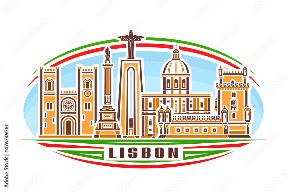 Vector illustration of Lisbon, horizontal logo with linear design orange lisbon city scape on day sky background, famous urban line art concept with decorative lettering for brown word lisbon on white