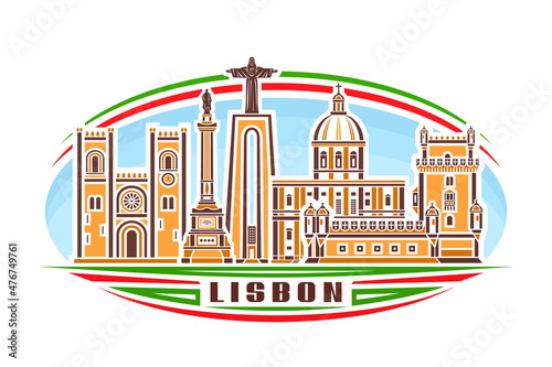 Vector illustration of Lisbon, horizontal logo with linear design orange lisbon city scape on day sky background, famous urban line art concept with decorative lettering for brown word lisbon on white photo