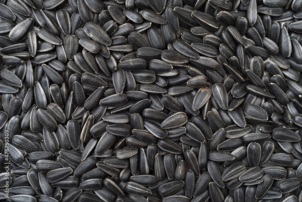 Heap of black sunflower seeds on the table. Close-up. Top view. Heap of black sunflower seeds on the table. Close-up. Top view.