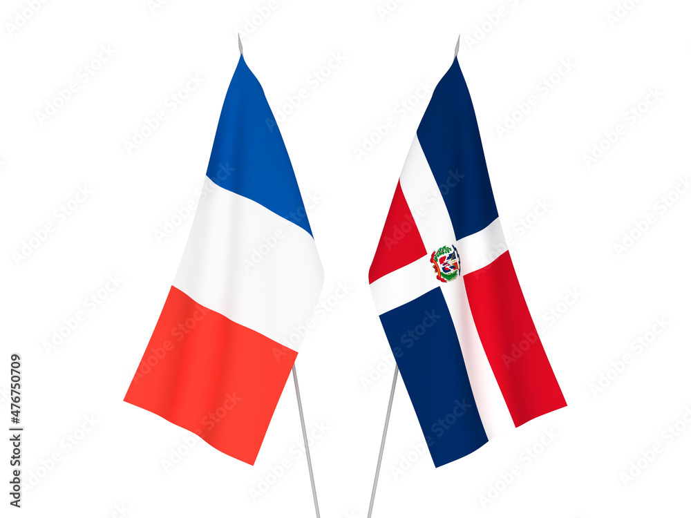 National fabric flags of France and Dominican Republic isolated on white background. 3d rendering illustration.