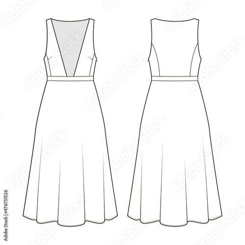 Fashion technical drawing of apinafore dress with a flared skirt