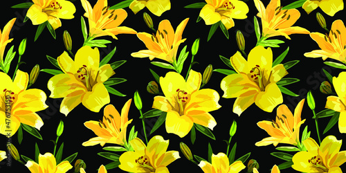 Yellow lily flowers vector seamless pattern © Olha