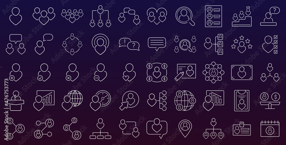 50 line icons for social network, mobile apps, websites, dating, etc. Web icons for UI design. Business, finance, team, contact, office, commerce banking, social, audit, chat symbols. Vector EPS 10