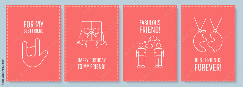 Friendship postcard with linear glyph icon set. Relation with friend. Greeting card with decorative vector design. Simple style poster with creative lineart illustration. Flyer with holiday wish Friendship postcard with linear glyph icon set. Relation with friend. Greeting card with decorative vector design. Simple style poster with creative lineart illustration. Flyer with holiday wish