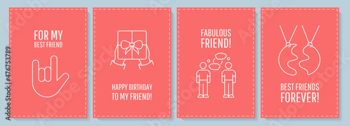 Friendship postcard with linear glyph icon set. Relation with friend. Greeting card with decorative vector design. Simple style poster with creative lineart illustration. Flyer with holiday wish