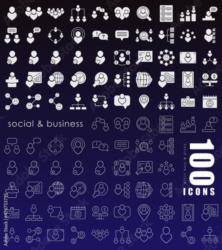 Line and solid web icons for UI design. 100 icons for business, commerce, banking, finance, team, office, contact, social, audit, chat. Symbols for social network, mobile apps, websites, dating, etc. 