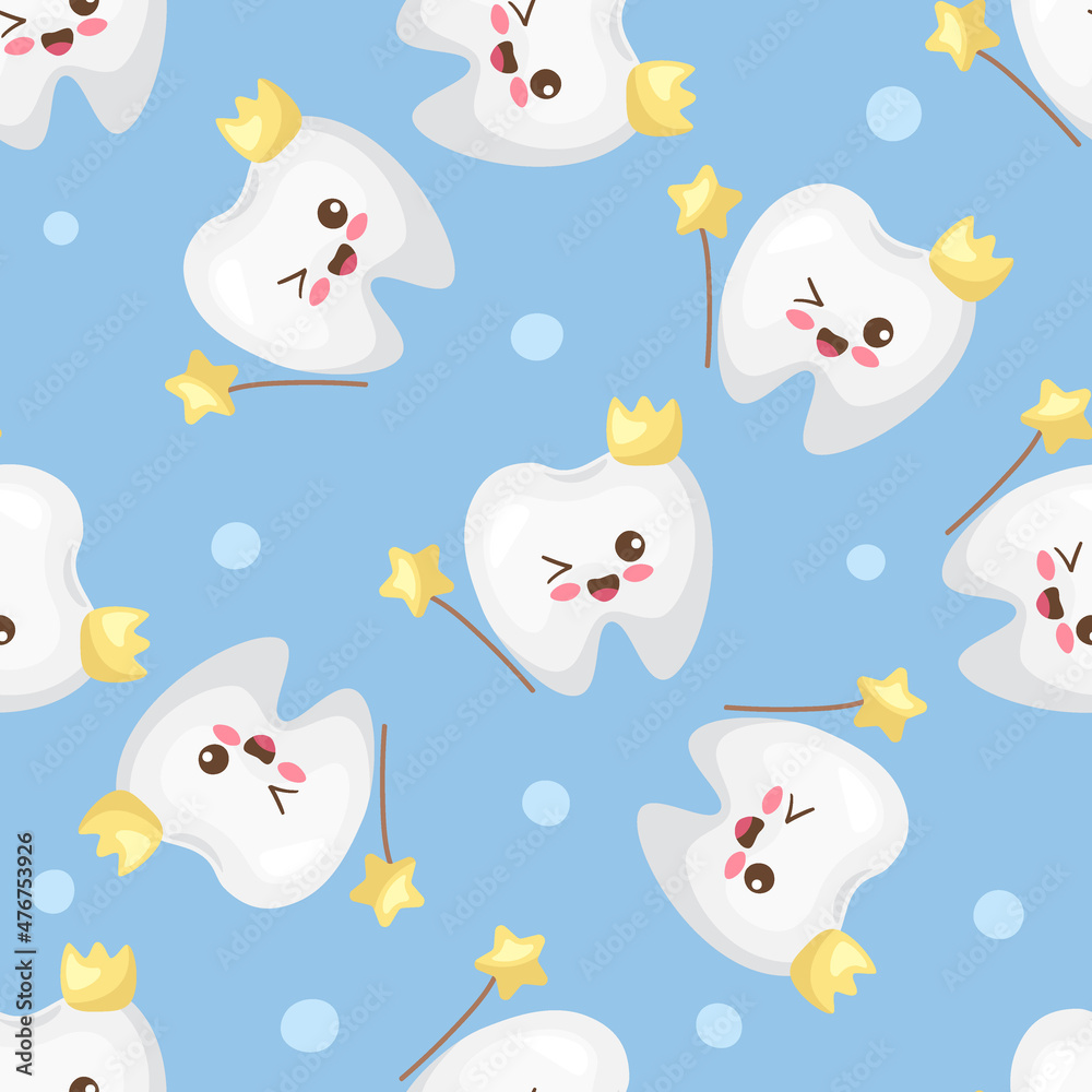 Kawaii smiling happy teeth with crown characters. First tooth fairy concept. Adorable vector illustration. Light blue background for tablecloth, fabric, wrapping paper, boy party. Seamless pattern. Kawaii smiling happy teeth with crown characters. First tooth fairy concept. Adorable vector illustration. Light blue background for tablecloth, fabric, wrapping paper, boy party. Seamless pattern.