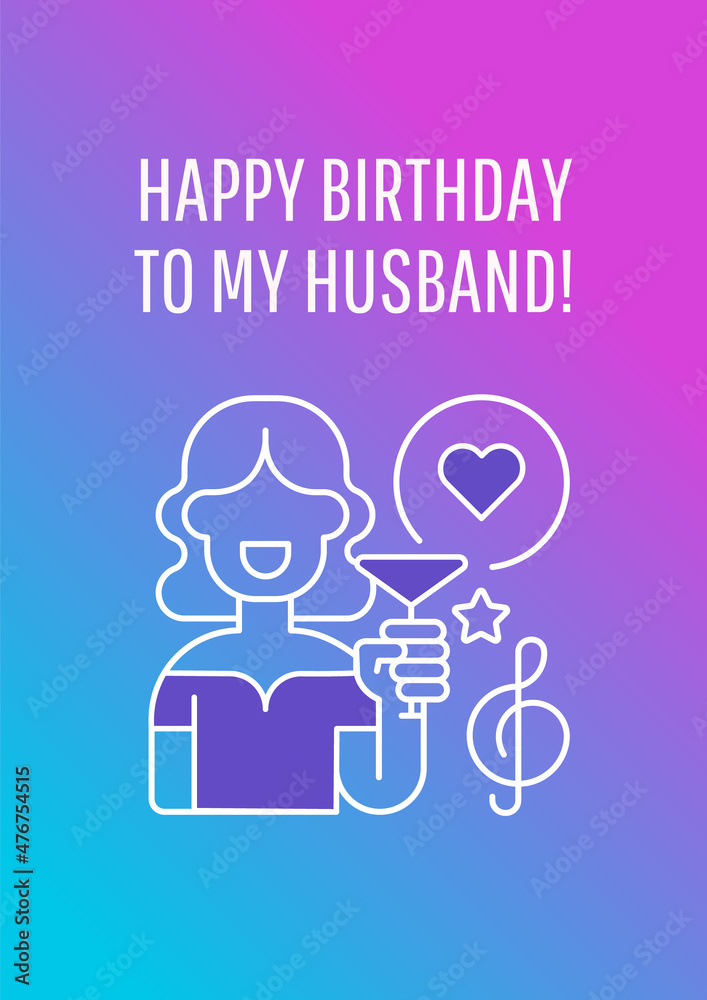 Happy birthday to my husband postcard with linear glyph icon. Greeting card with decorative vector design. Simple style poster with creative lineart illustration. Flyer with holiday wish