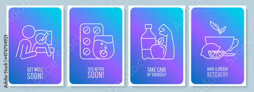 Recovery blue gradient postcard with linear glyph icon set. Greeting card with decorative vector design. Simple style poster with creative lineart illustration. Flyer with holiday wish