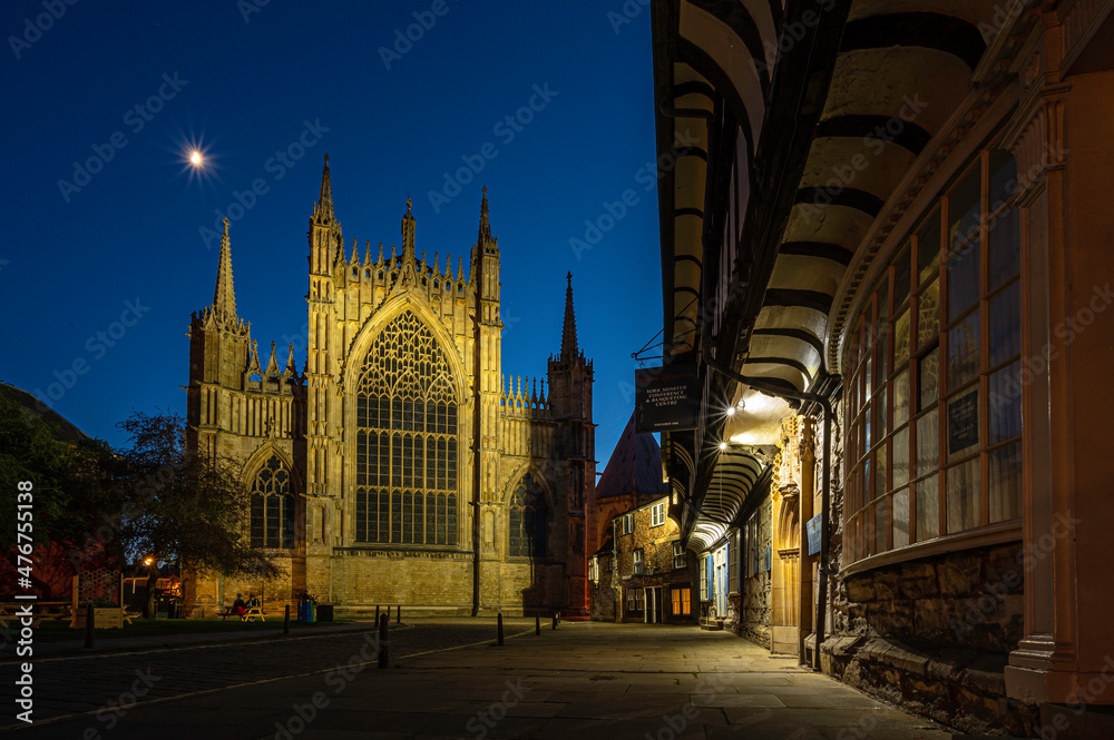 York Minster, lit up on a clear summers night. 