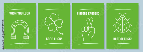 Wishing luck green postcard with linear glyph icon set. Greeting card with decorative vector design. Simple style poster with creative lineart illustration. Flyer with holiday wish