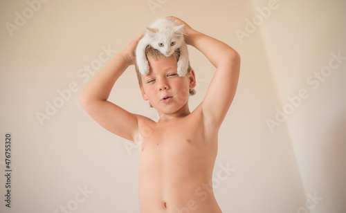 Child playing with baby cat. Boy put the kitten on his head. Little boy snuggling cute pet animal sitting on couch in sunny living room at home. Kids have fun with pets