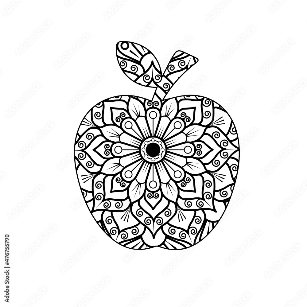 Apple mandala coloring book. Apple mandala vector and line art