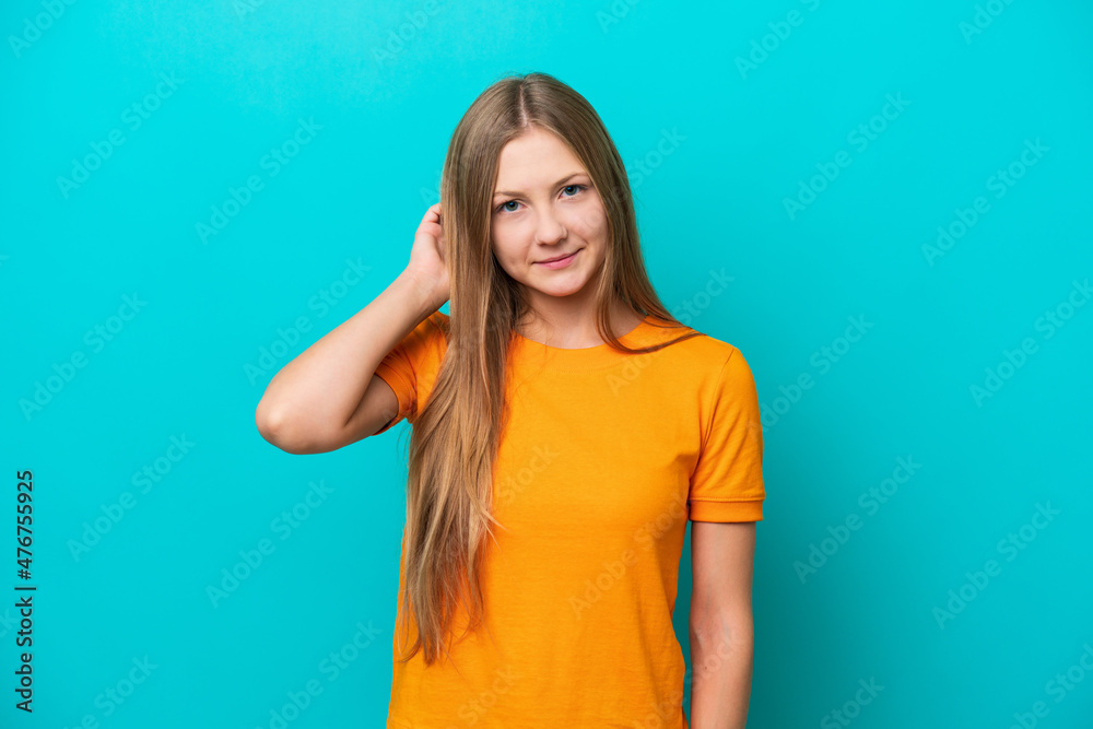 Young Russian woman isolated on blue background having doubts Young Russian woman isolated on blue background having doubts