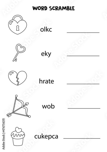 Puzzle for kids. Word scramble for children. Black and white valentine elements.