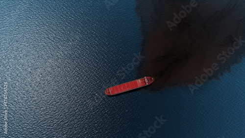 Oil spills out of a ship to Sea- Aerial high altitude View 
Drone view of Chemical Tanker ship spills oil in the ocean, global pollution concept,December 2021
