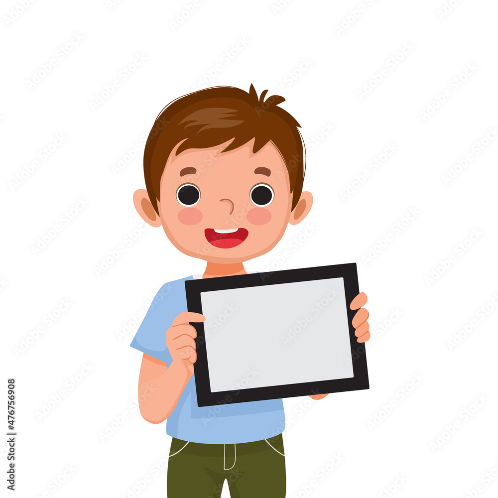 cute little boy holding digital tablet with empty screen or copy space for texts, messages and advertising content. Kids and electronic gadget devices concept for children.