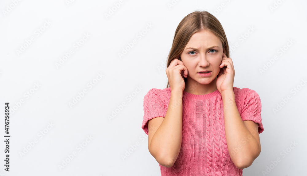Young Russian woman isolated on white background frustrated and covering ears Young Russian woman isolated on white background frustrated and covering ears