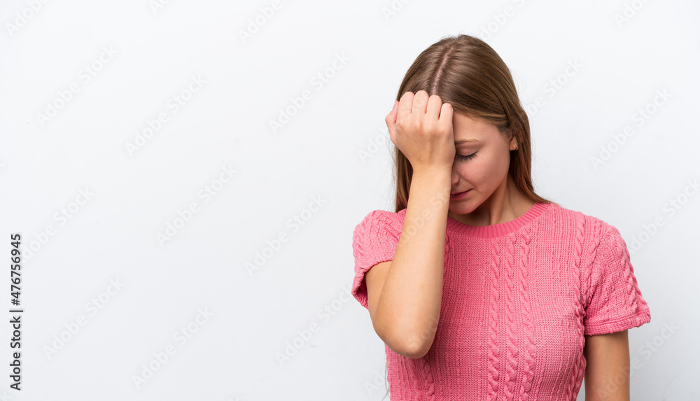 Young Russian woman isolated on white background with headache Young Russian woman isolated on white background with headache