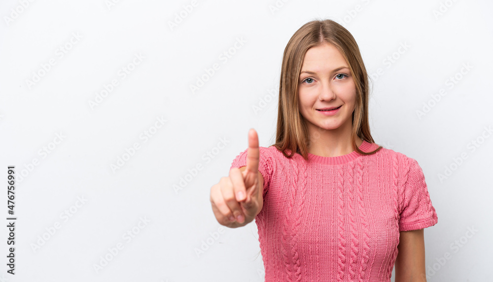 Young Russian woman isolated on white background showing and lifting a finger