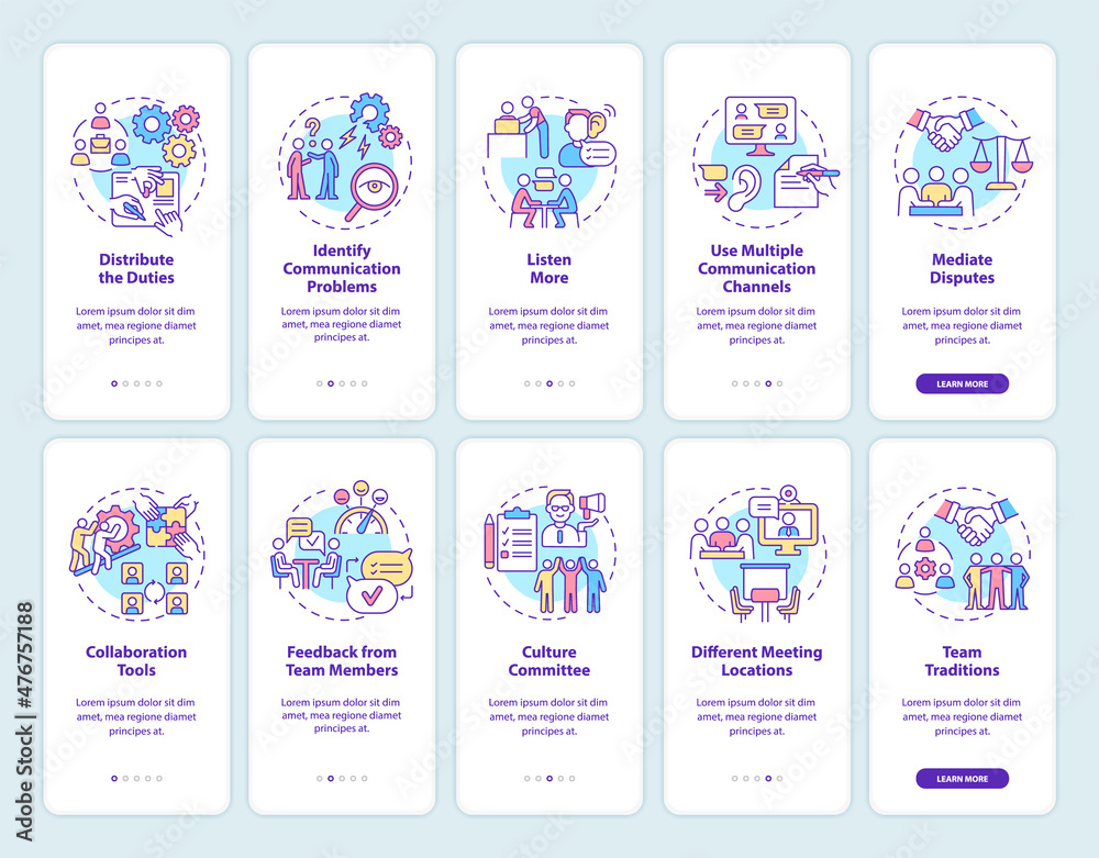 Teamwork onboarding mobile app screen set. Build productive team walkthrough 5 steps graphic instructions pages with linear concepts. UI, UX, GUI template. Myriad Pro-Bold, Regular fonts used