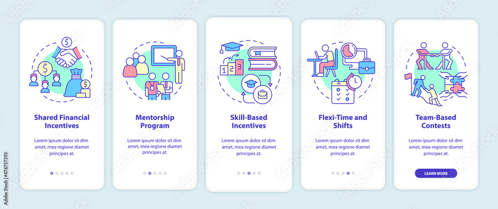 Incentivising teamwork onboarding mobile app screen. Motivation walkthrough 5 steps graphic instructions pages with linear concepts. UI, UX, GUI template. Myriad Pro-Bold, Regular fonts used