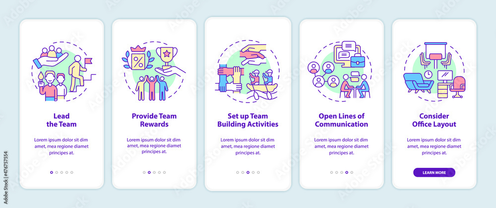 Promoting teamwork in workplace onboarding mobile app screen. Tips walkthrough 5 steps graphic instructions pages with linear concepts. UI, UX, GUI template. Myriad Pro-Bold, Regular fonts used